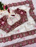 LUXURY SOFT FANDY SATIN SILK EMBROIDERY DUAL SEQUENCES AND CODING WORK SAREE WITH STITCHED BLOUSE WHITE