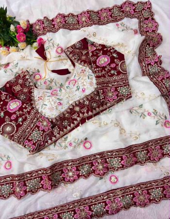 LUXURY SOFT FANDY SATIN SILK EMBROIDERY DUAL SEQUENCES AND CODING WORK SAREE WITH STITCHED BLOUSE WHITE