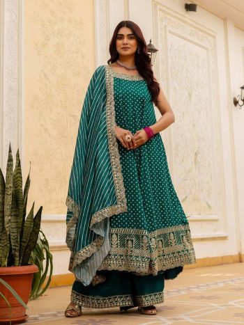 MODERN BANDHANI VICHITRA SILK EMBROIDERY & REAL MIRROR WORK GOWN BOTTOM WITH DUPATTA TEAL