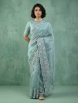 MODERN CHANDA SILK EMBROIDERY WORK SAREE WITH UNSTITCHED BLOUSE SKY