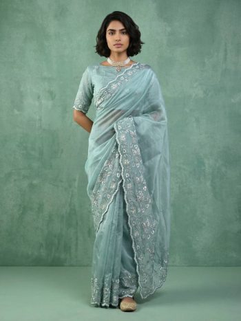 MODERN CHANDA SILK EMBROIDERY WORK SAREE WITH UNSTITCHED BLOUSE SKY