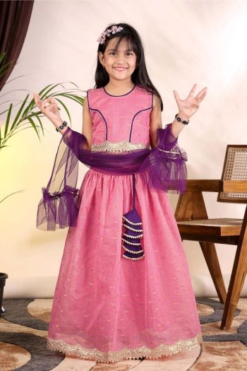MODERN CHANDERI WEAVING DESIGN AND DORI LATKAN WORK KID'S LEHENGA CHOLI WITH DUPATTA PINK