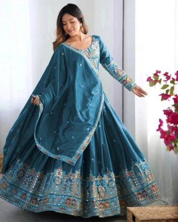 MODERN CHINON SILK EMBROIDERY SEQUENCE WORK LEHENGA CHOLI WITH DUPATTA TEAL