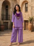 MODERN CRUNCHY SILK TOP AND PALAZZO SET WITH EMBROIDERY WORK WITH HANDWORK COIN HANGING WORK KOTI PURPLE