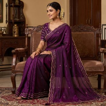 MODERN FANDY SATIN SILK ROSE GOLD  BEADS WORK WITH CUT  WORK BORDER SAREE WITH STITCH BLOUSE PURPLE