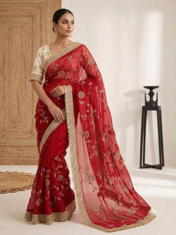 MODERN FENDY SATIN SILK EMBROIDERY WITH CUTWORK BORDER SAREE WITH UNSTITCHED BLOUSE RED