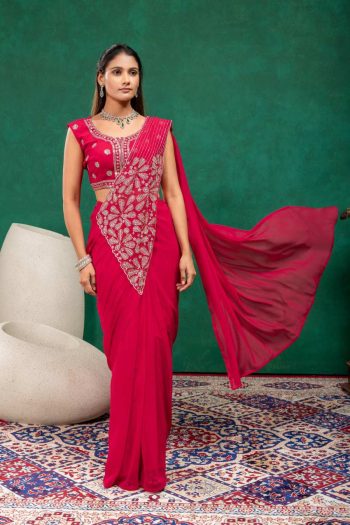 MODERN GEORGETTE EMBROIDERY ZARI & SEMI BEADS WORK READY TO WEAR SAREE WITH STITCHED BLOUSE AND KOTI RANI