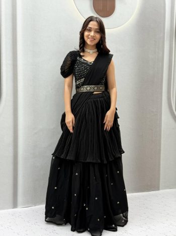 MODERN GEORGETTE HAND MIROR WORK & THREAD WORK LEHENGA CHOLI WITH ATTACHED DUPATTA BLACK