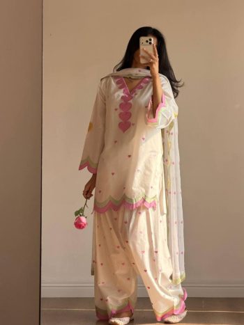 MODERN MUL CHANDERI EMBROIDERY WORK TOP PATIYALA WITH DUPATTA OFF WHITE