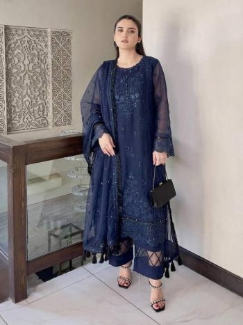 MODERN ORGANZA EMBROIDERY SEQUENCE WORK WITH FANCY CUT WORK TOP BOTTOM WITH DUPATTA NAVY BLUE