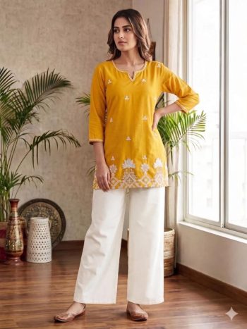 MODERN RAYON SLUB EMBROIDERY WORK TOP BOTTOM SET YELLOW