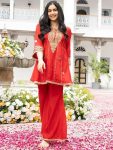 MODERN SILK CREPE EMBROIDERED WITH ELEGANT MIRROR WORK CO-ORD SET RED