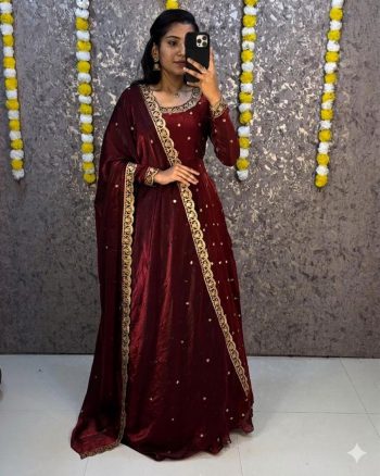MODERN SPACE SILK SEQUENCE EMBROIDERY WORK GOWN WITH DUPATTA MAROON