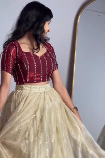 MODERN SPACE SILK SEQUENCE EMBROIDERY WORK LEHENGA CHOLI  CREAM AND MAROON