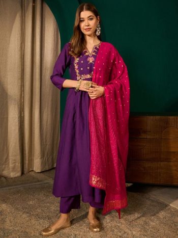 MODERN VISCOSE SILK SEQUENCE CODING EMBROIDERY WORK TOP BOTTOM WITH DUPATTA PURPLE