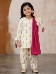 NEW ARRIVAL CAMBRIC COTTON DIGITAL PRINT WORK KID'S TOP PATIYALA WITH DUPATTA OFF WHITE AND PINK
