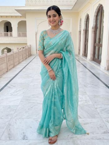 NEW ARRIVAL FENDY SATIN SILK PLAIN SAREE WITH  DOUBLE SEQUENCE AND EMBROIDERY JARI WORK UNSTITCHED BLOUSE RAMA