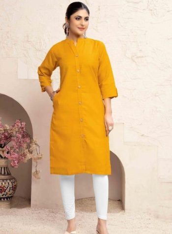 NEW ARRIVAL MAGIC COTTON WITH POCKET PLAIN KURTI YELLOW
