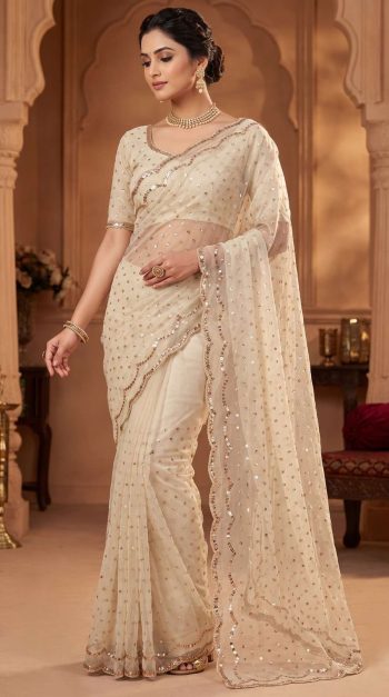 NEW ARRIVAL NC BUTTI SILK ROSE GOLD  BEADS WORK WITH CUT  WORK BORDER SAREE WITH UNSTITCHED BLOUSE OFF WHITE