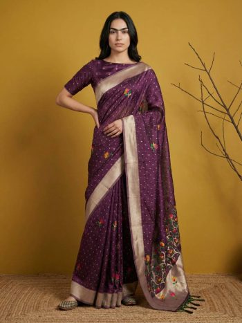 NEW ARRIVAL ORGANZA MEENAKARI ZARI WOVEN WORK SAREE WITH UNSTITCHED BLOUSE WINE