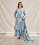 NEW ARRIVAL RAYON COTTON SILK EMBROIDERY CHIKANKARI WORK TOP PALAZZO WITH DUPATTA SKY