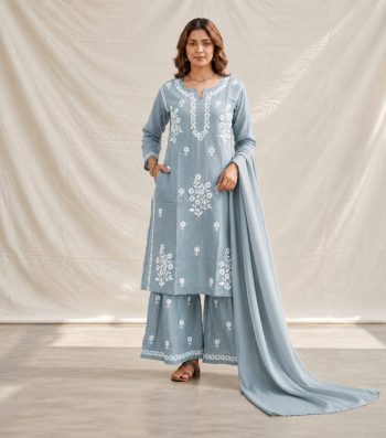 NEW ARRIVAL RAYON COTTON SILK EMBROIDERY CHIKANKARI WORK TOP PALAZZO WITH DUPATTA SKY