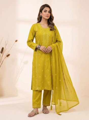 NEW ARRIVAL ROMAN SEQUENCE EMBROIDERY WORK TOP BOTTOM WITH DUPATTA YELLOW