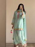 RICH LOOK CHANDERI COTTON MULTI NEEDLE  SEQUENCE EMBROIDERY ZARI WORK TOP PATIYALA WITH DUPATTA SKY
