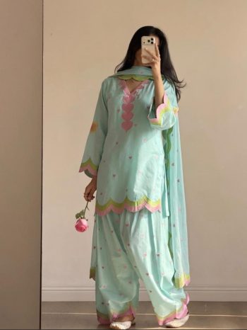 RICH LOOK CHANDERI COTTON MULTI NEEDLE  SEQUENCE EMBROIDERY ZARI WORK TOP PATIYALA WITH DUPATTA SKY