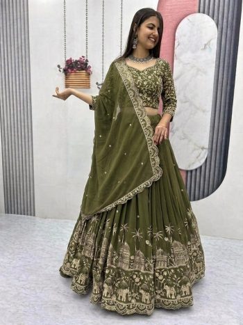 RICH LOOK CHINON SILK EMBROIDERY SEQUENCE WORK LEHENGA CHOLI WITH DUPATTA GREEN