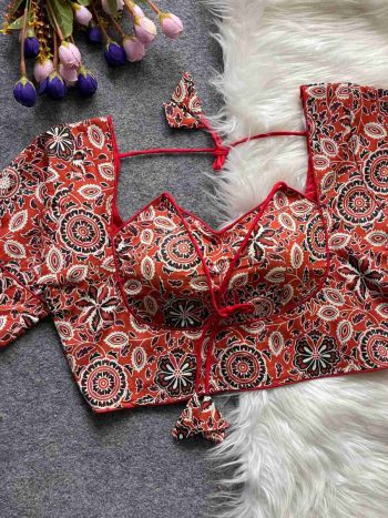 3RICH LOOK COTTON AJRAKH PRINT WORK STITCHED BLOUSE RED