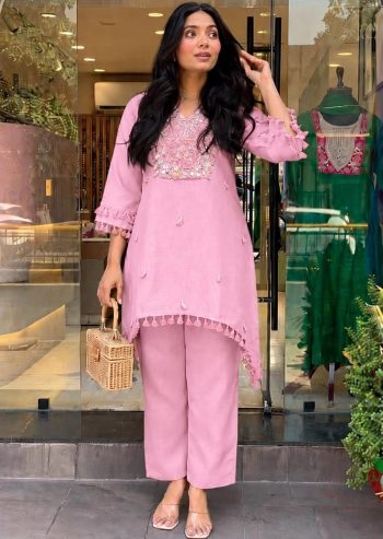 RICH LOOK COTTON FLEX EMBROIDERY WORK CO-ORD SET BABY PINK