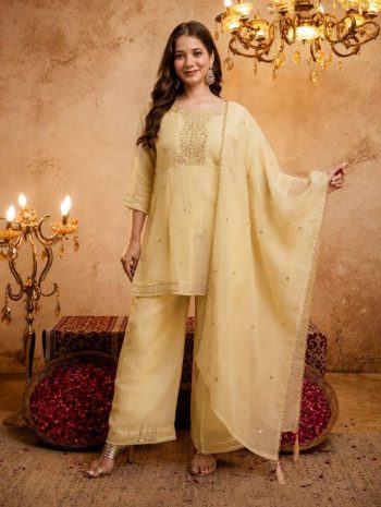 RICH LOOK CRUNCHY SILK SEQUENCE CODING EMBROIDERY WORK TOP PALAZZO WITH DUPATTA LIGHT YELLOW