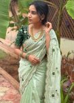 RICH LOOK FENDY SATIN EMBROIDERY WORK WITH SEQUENCE AND CUT WORK BORDER SAREE WITH STITCHED BLOUSE PISTA