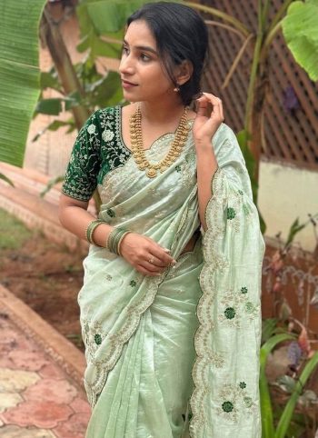 RICH LOOK FENDY SATIN EMBROIDERY WORK WITH SEQUENCE AND CUT WORK BORDER SAREE WITH STITCHED BLOUSE PISTA