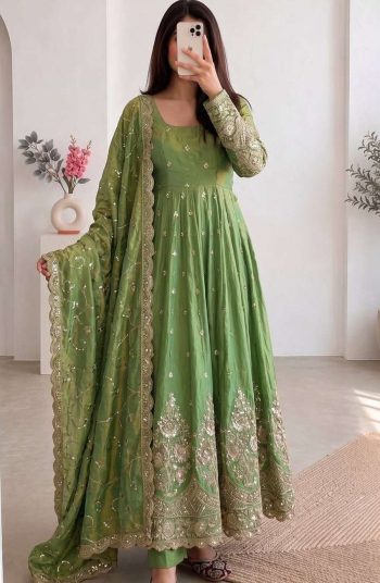 RICH LOOK JELLY SHIMMER SILK EMBROIDERY CODING & SEQUENCE WORK  GOWN BOTTOM WITH DUPATTA PISTA