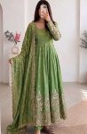 RICH LOOK JELLY SHIMMER SILK EMBROIDERY CODING & SEQUENCE WORK  GOWN BOTTOM WITH DUPATTA PISTA