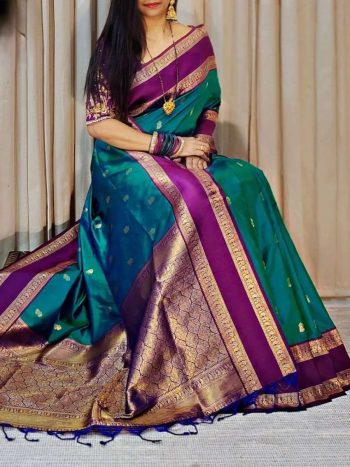 RICH LOOK KANJIVARAM SILK COPPER ZARI JAAL WEAVING WORK SAREE WITH UNSTITCHED BLOUSE RAMA