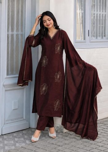 RICH LOOK ROMAN EMBROIDERY WORK TOP BOTTOM WITH DUPATTA BROWN