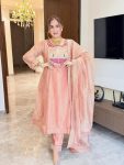 RICH LOOK SALSA BUTTI SILK EMBROIDERY BEADS  WORK GOWN BOTTOM WITH DUPATTA PEACH