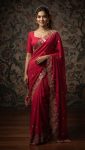 RICH LOOK SATIN CHIFFON EMBROIDERY WORK LACE BORDER SAREE WITH UNSTITCHED BLOUSE RED