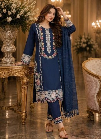 RICH LOOK SATIN RAYON EMBROIDERY THREAD WORK TOP BOTTOM WITH DUPATTA BLUE