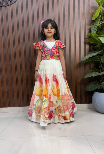 RICH LOOK SILK ZARI POSITION PRINT WORK KID'S GOWN WITH JACKET WHITE AND RED