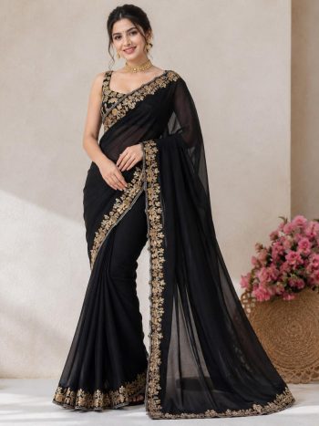 RICH LOOK VICHITRA EMBROIDERY WORK WITH CODING SEQUENCES AND CUT WORK BORDER SAREE WITH UNSTITCHED BLOUSE BLACK