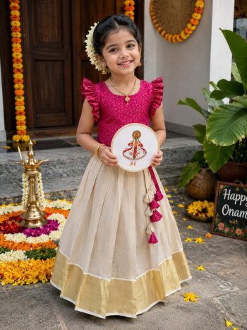 TRADITIONAL TISSUE SILK WEAVING WORK KID'S LEHENGA CHOLI OFF WHITE AND PINK