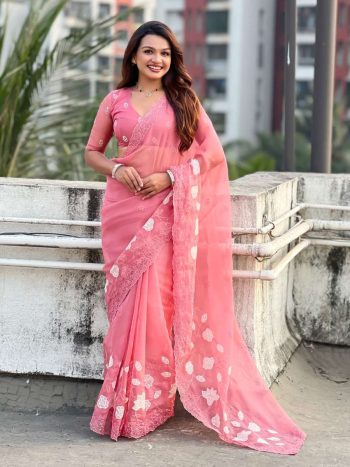 TRENDING CHANDA KORA SILK EMBROIDERY SAREE WITH UNSTITCHED BLOUSE PEACH