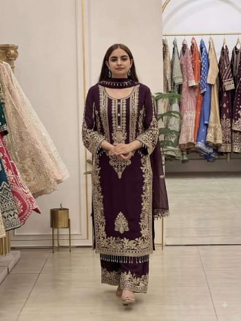 TRENDING FAUX GEORGETTE EMBROIDERY SEQUENCE WORK  TOP PALAZZO WITH DUPATTA WINE