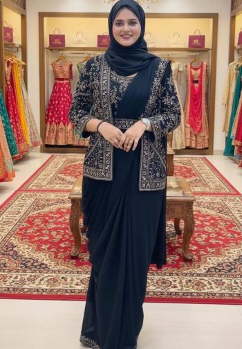 TRENDING GEORGETTE EMBROIDERY WORK READY TO WEAR SAREE BLOUSE WITH KOTI NAVY BLUE