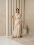 TRENDING MUGA COTTON RESHAM WEAVING TRADITIONAL PENCIL ART WORK SAREE WITH UNSTITCHED BLOUSE WHITE