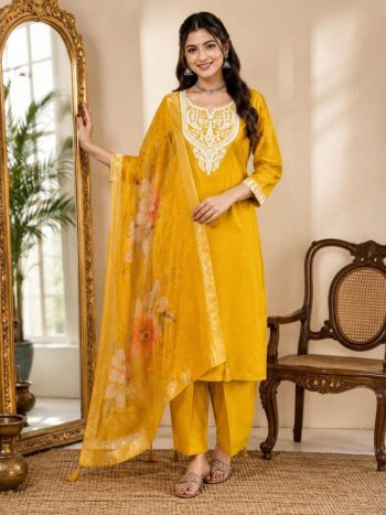 TRENDING ROMAN SILK EMBROIDERY WORK TOP BOTTOM WITH DUPATTA YELLOW